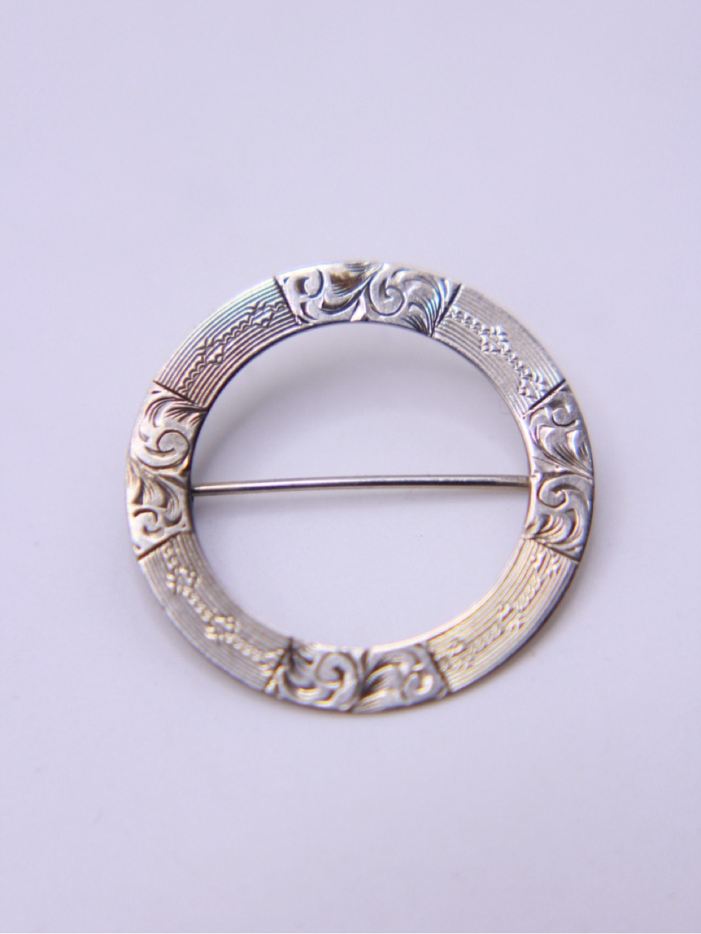 Vintage Silver tone Carved Round Brooch Pin